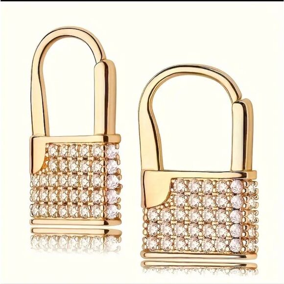 18K Gold Plated Diamond Pave Pad Lock  Earrings - Picture 1 of 7